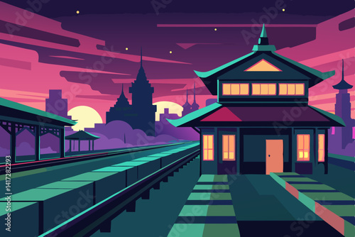 Anime Train Station In Glowing City Design