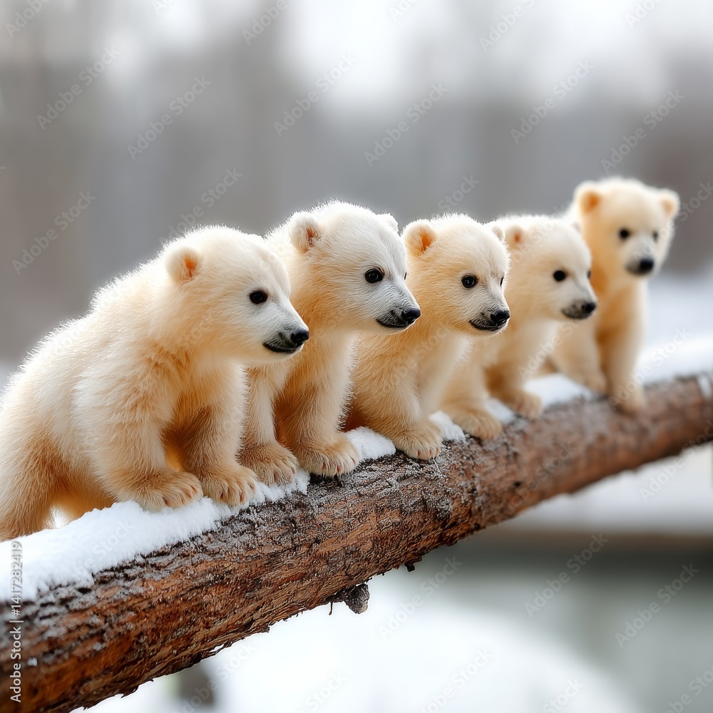 Five adorable polar bear cubs on a snow-covered branch in a winter wonderland, looking curiously into the distance.