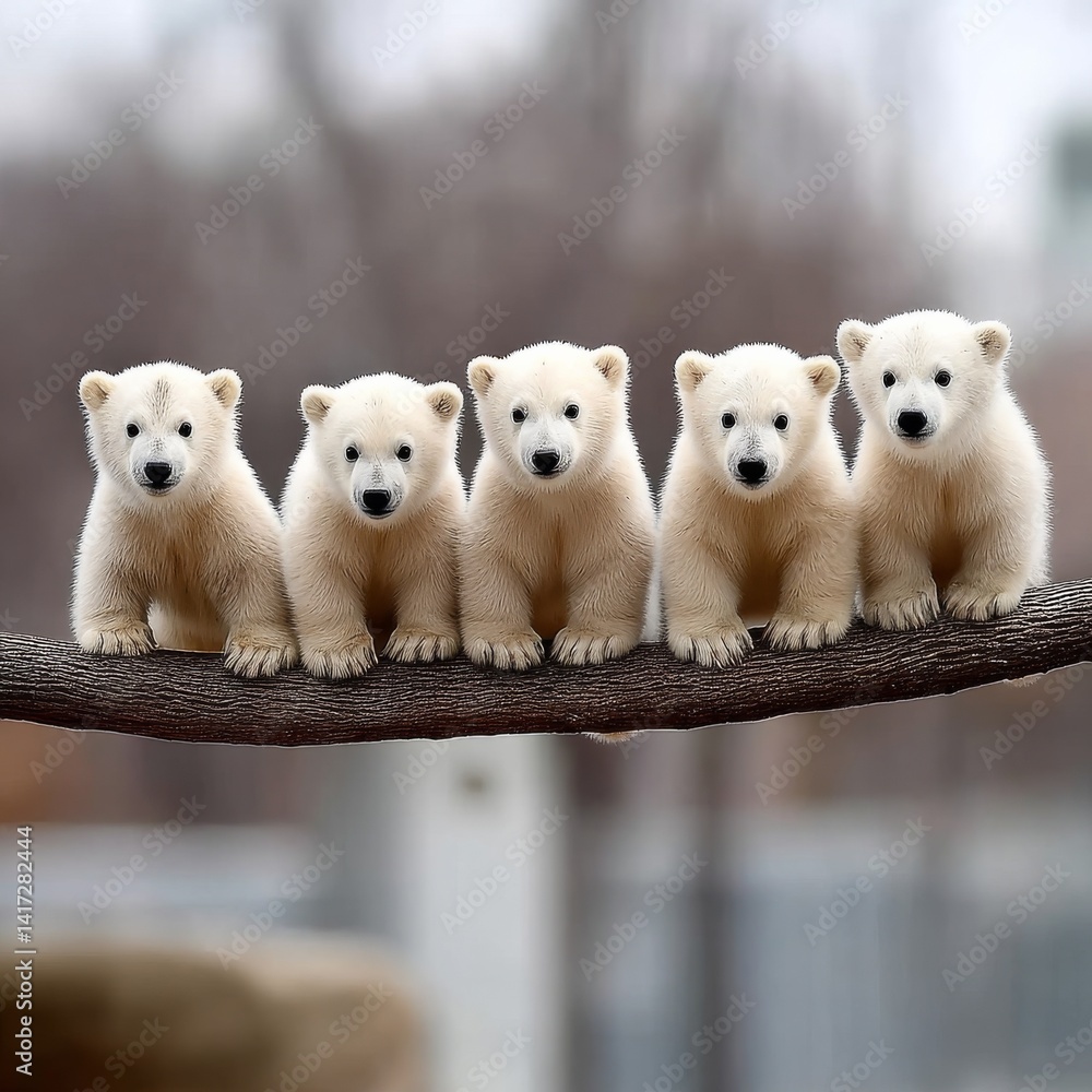 Five Adorable Polar Bear Cubs Perched on a Branch, a Cute and Heartwarming Display of Wildlife