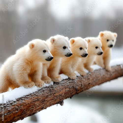 Obraz na płótnie Five adorable polar bear cubs on a snow-covered branch in a winter wonderland, looking curiously into the distance. w salonie
