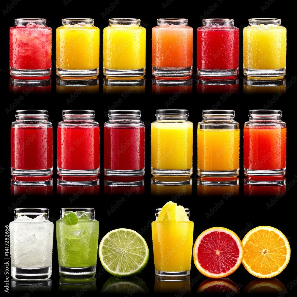 Freshly Squeezed: Vibrant Array of Fruit Juices and Citrus Slices on a Reflective Black Surface, Showcasing Refreshment