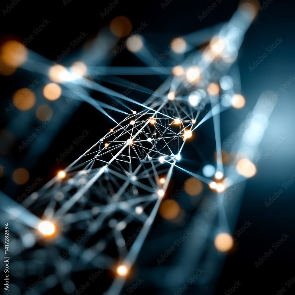 Futuristic Network Structure with Glowing Nodes: Abstract Connection of Technology and Data on a Dark Background