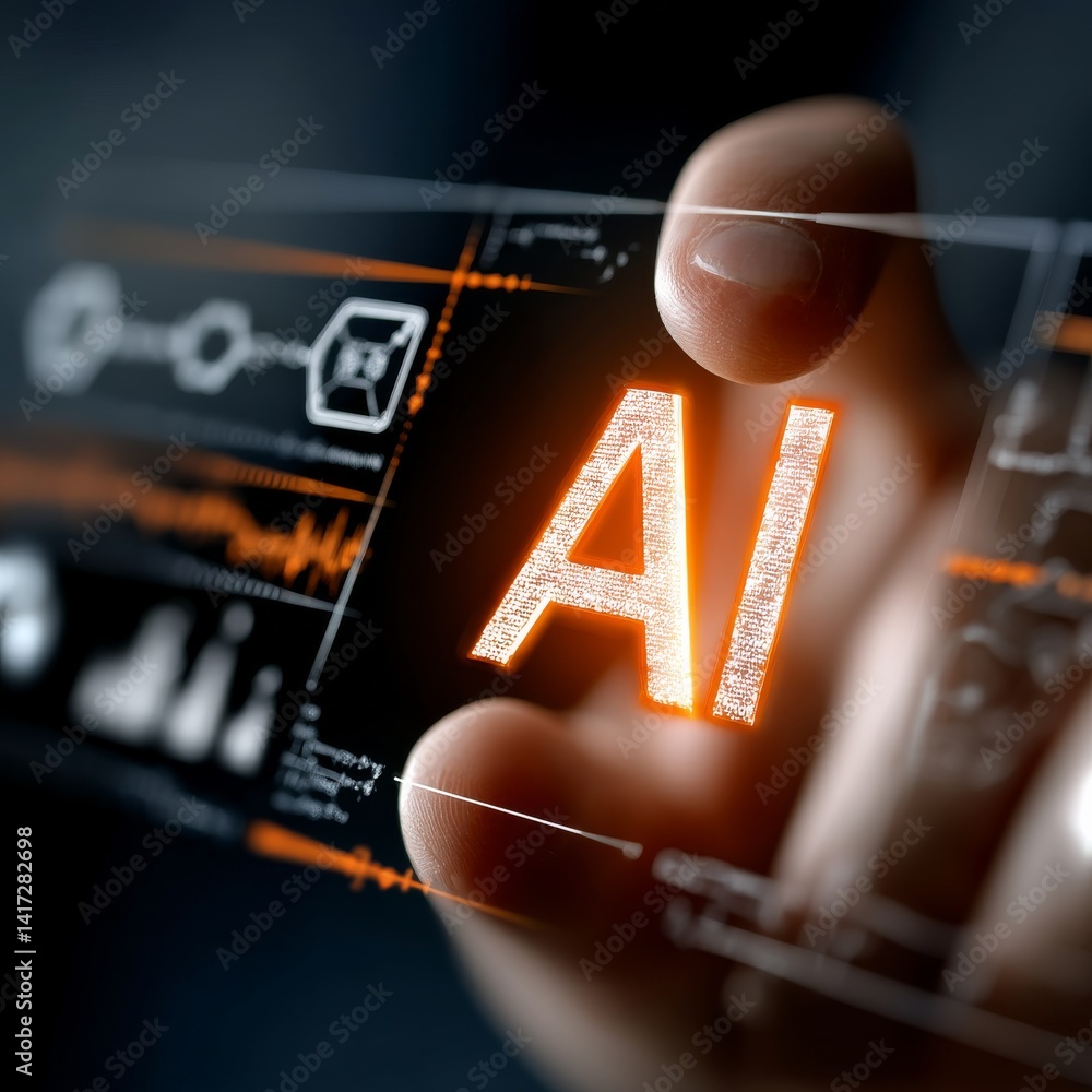 Futuristic AI Interface: A Hand Holding a Transparent Display with Glowing Artificial Intelligence Data and Network Visualizations
