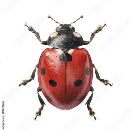 vibrant ladybug with glossy red shell and distinct black spots, showcasing intricate details and textures. This charming insect symbolizes good luck and nature beauty