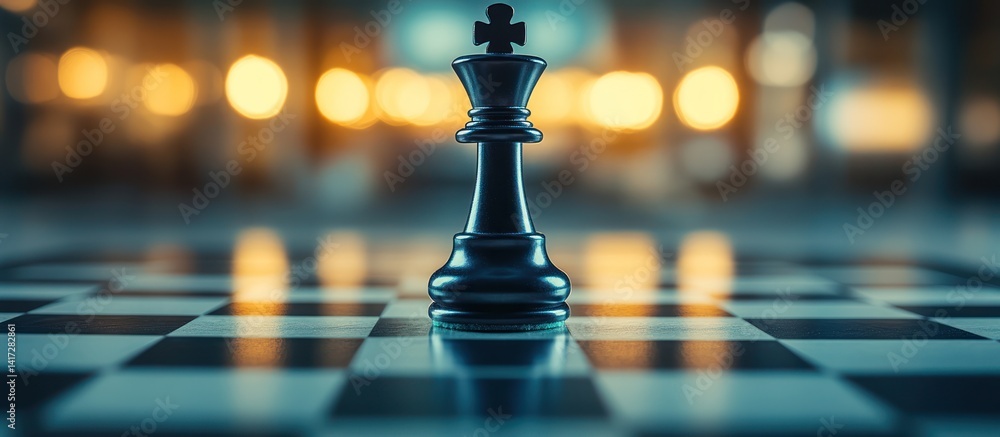Chess King on Board, Strategic Game, Bokeh Background, Business Concept Chess King on Board, Strategic Game, Bokeh Background, Business Concept