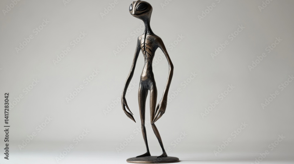 Fototapeta premium Bronze alien sculpture extraterrestrial being studio shot standing figure sci fi concept grey background 