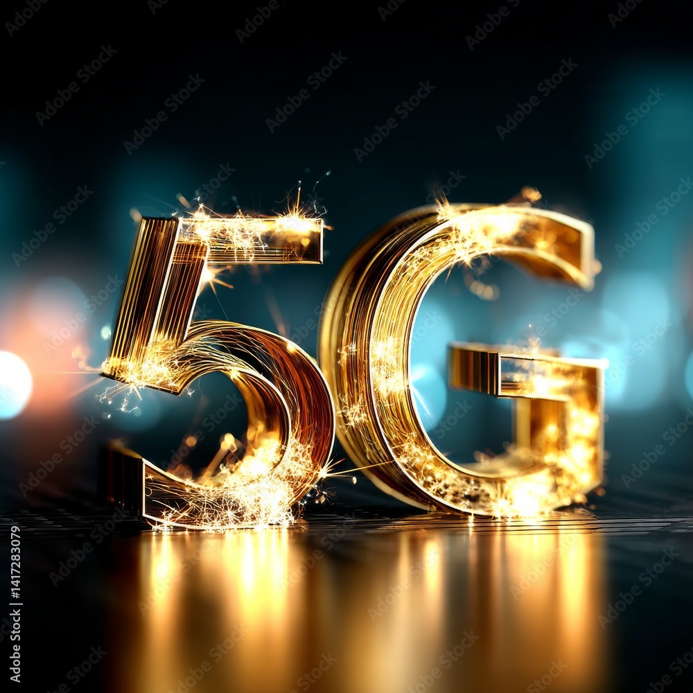 Golden 5G Technology Sparkles with Futuristic Reflections, depicting high-speed connectivity and innovation.