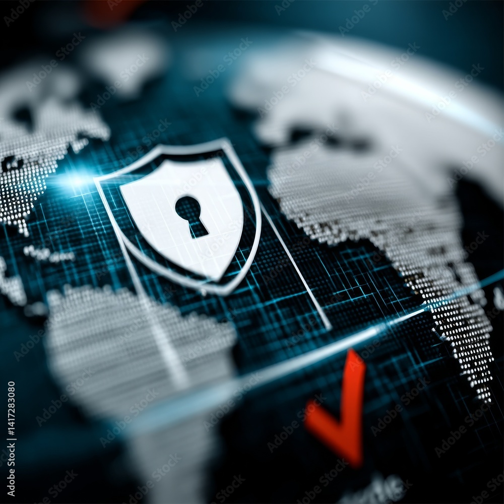 Global Network Security: A Shield Protecting Data Across the World Map in a Digital, Connected Landscape.