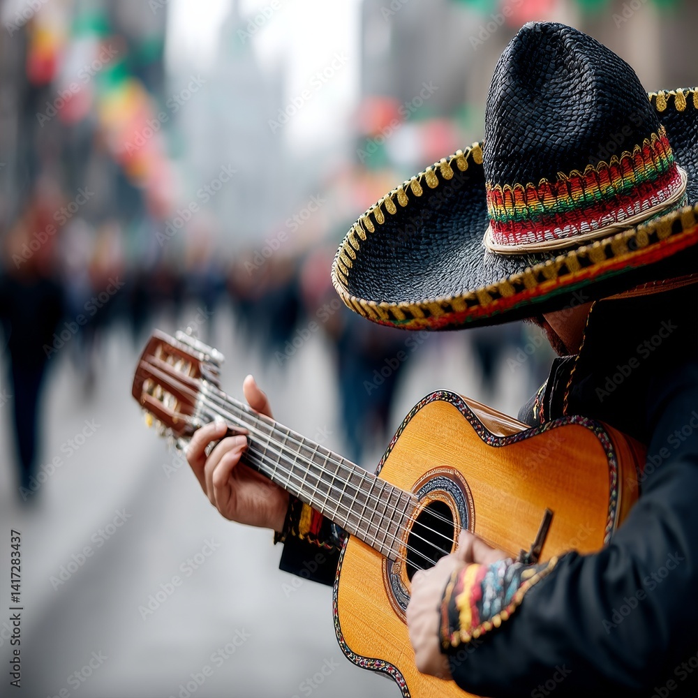 Mexican Mariachi Musician Serenading on a Vibrant Street with Festive Decorations, Playing his Guitar with Passion