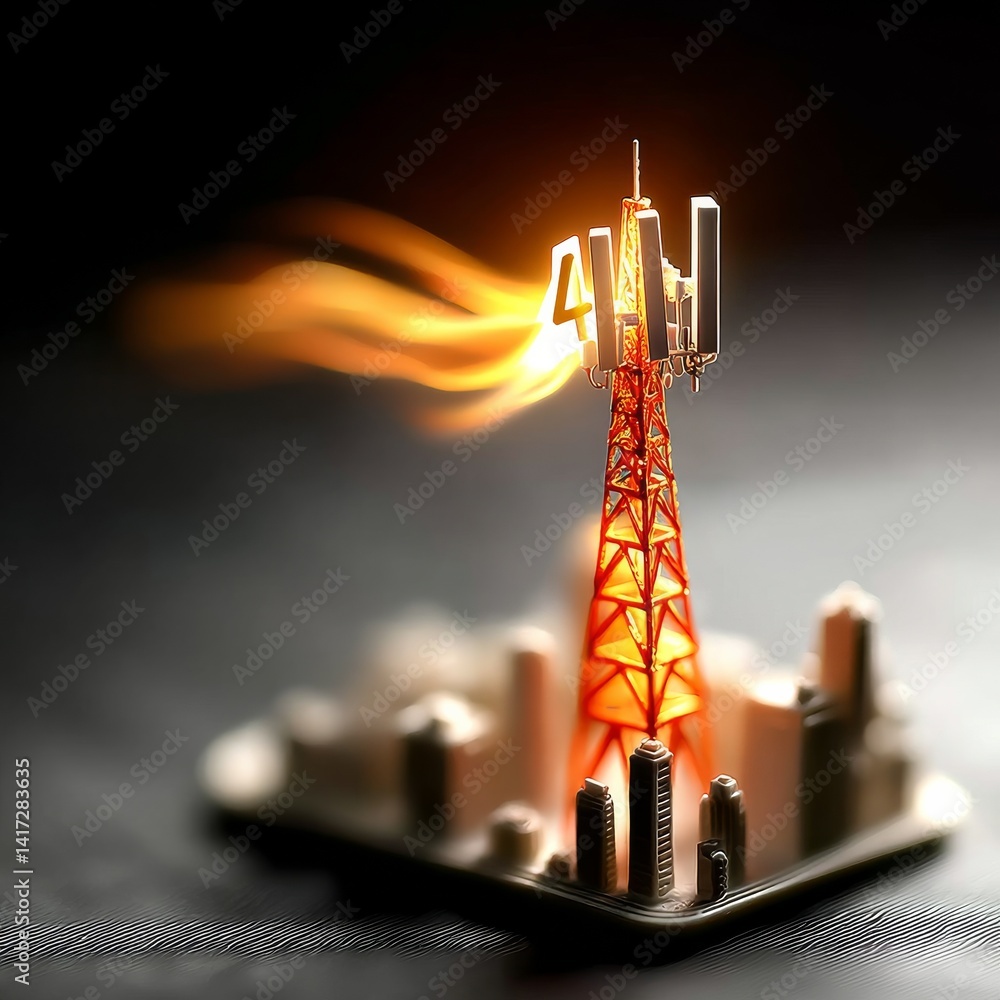 Modern 4G Cellular Network: A Miniature City with a Powerful Communication Tower Illuminating the Skyline.