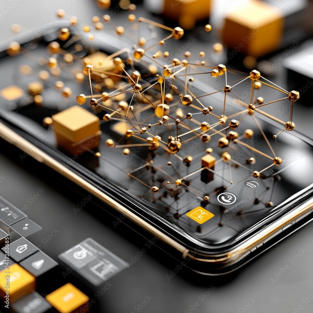 Modern Smartphone Displaying a Golden Network Connection, Futuristic Digital Technology Interface