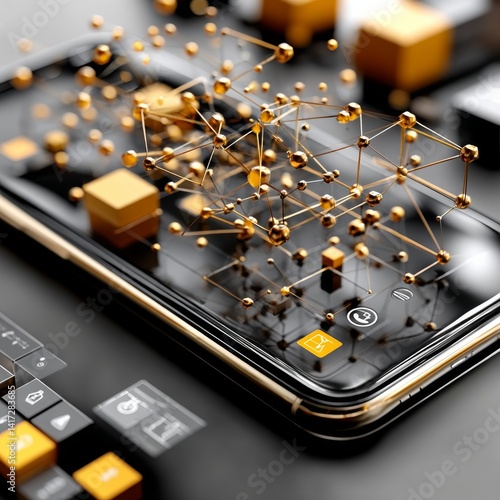 Obraz na płótnie Modern Smartphone Displaying a Golden Network Connection, Futuristic Digital Technology Interface w salonie
