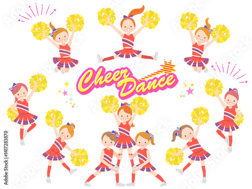 笑顔でチアダンスをしているかわいい子供達のイラストセット