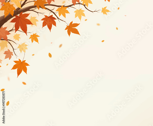 Autumn leaves falling from tree branches on beige background