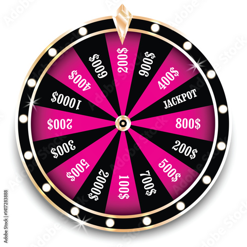 Spinning casino wheel, luck game. Fortune circle, round lucky roulette. Lottery fortuna rotation machine for gambling. Vector eps.