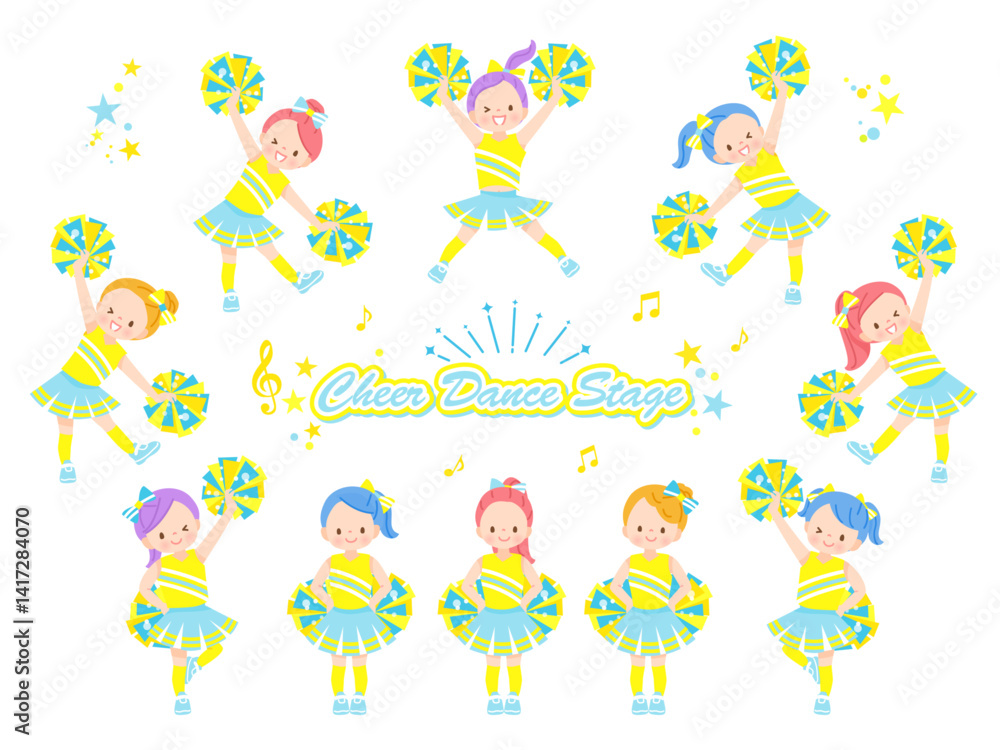 Fototapeta premium 笑顔でチアダンスをしているかわいい子供達のイラストセット