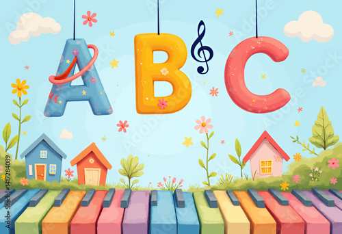 ABC letters with piano keys and houses landscape