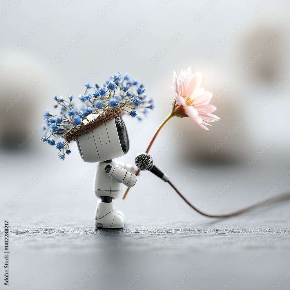 Robot Serenade: A Little Android Sings a Floral Ballad with a Microphone and Charming Flower Crown