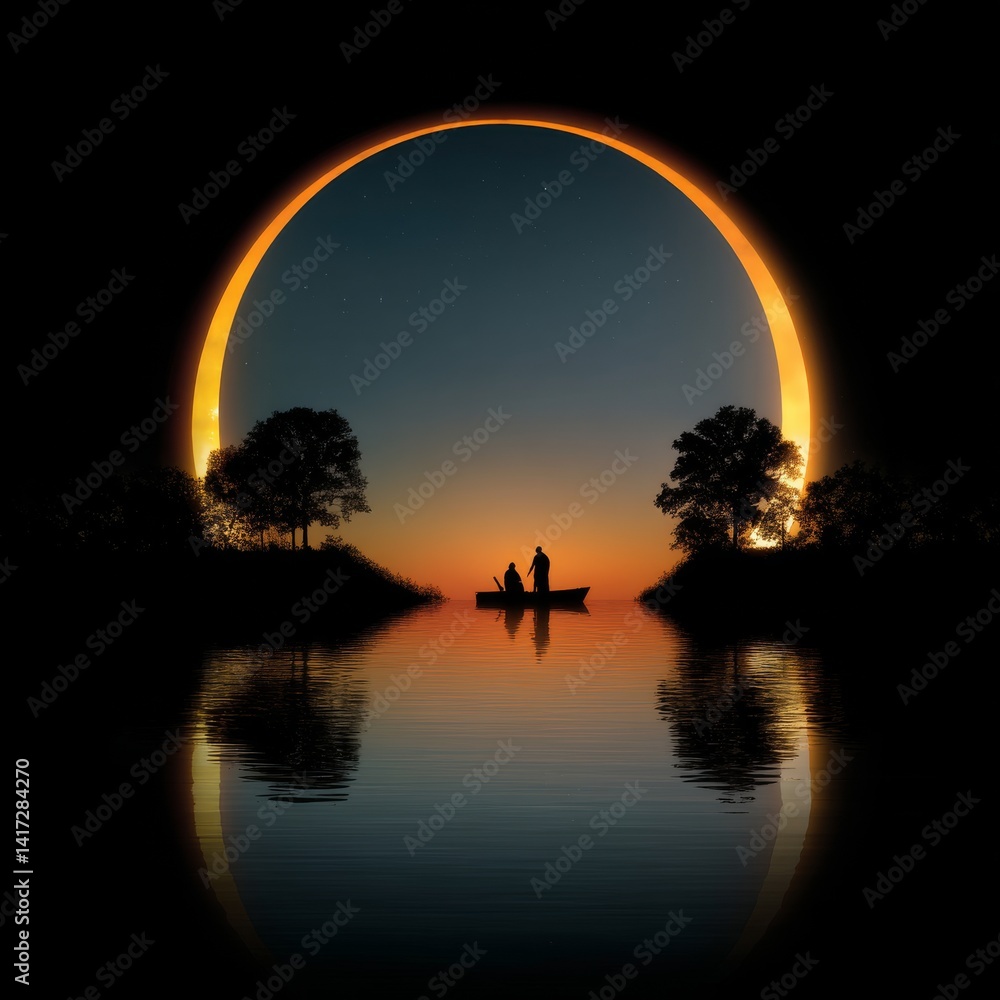 Romantic Boat Ride at Sunset in an Enigmatic Landscape with Reflections and Ethereal Light