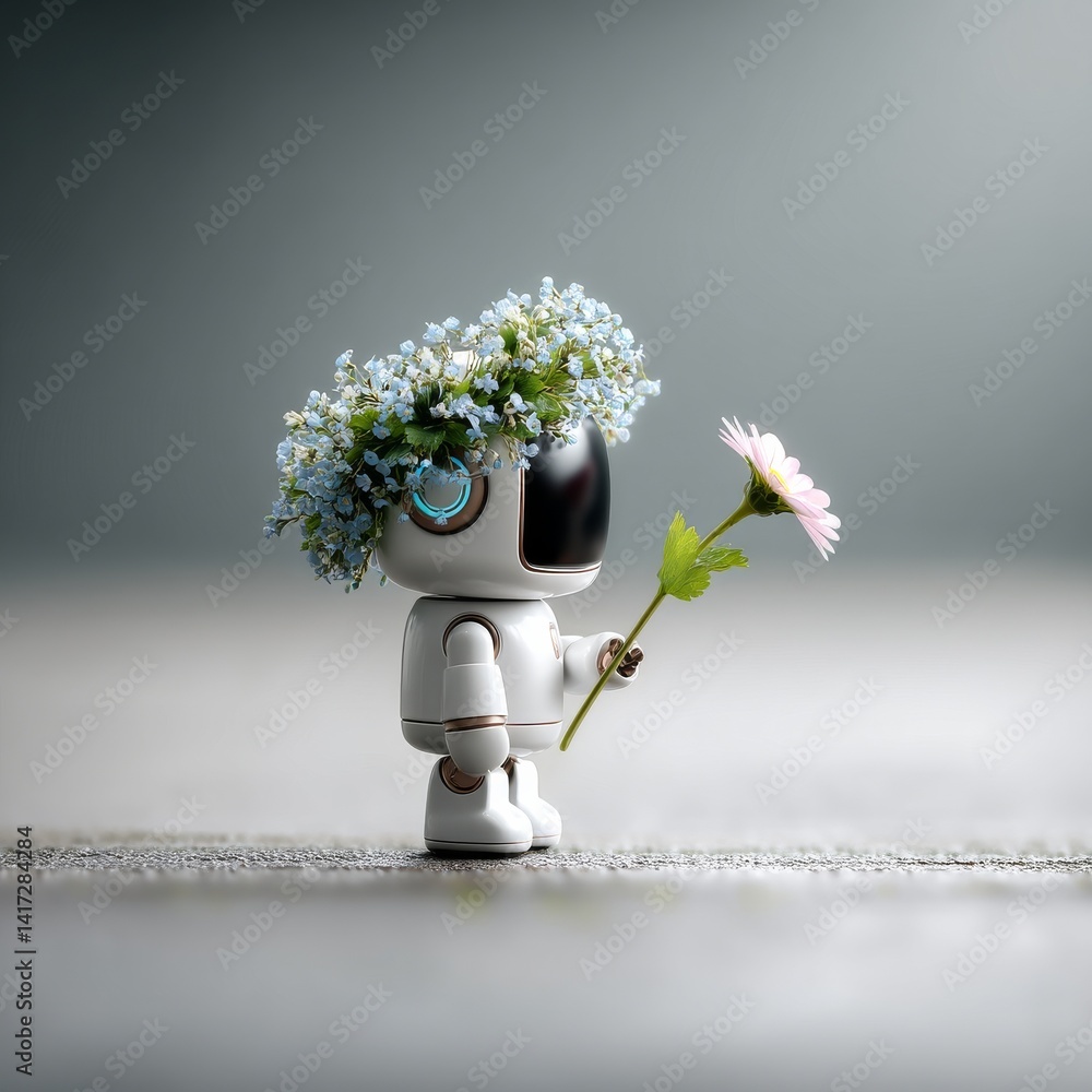 Robot with Flowers: A Gentle Glimpse of Artificial Intelligence Embracing Nature's Beauty and Growth.