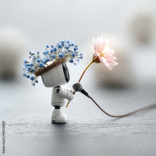 Obraz na płótnie Robot Serenade: A Little Android Sings a Floral Ballad with a Microphone and Charming Flower Crown w salonie