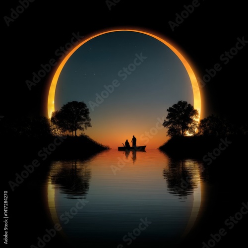 Obraz na płótnie Romantic Boat Ride at Sunset in an Enigmatic Landscape with Reflections and Ethereal Light w salonie