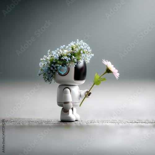 Obraz na płótnie Robot with Flowers: A Gentle Glimpse of Artificial Intelligence Embracing Nature's Beauty and Growth. w salonie