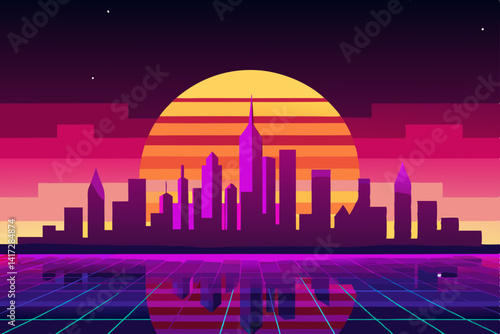 Anime Bright Anime Skyline With Techno Colors Design