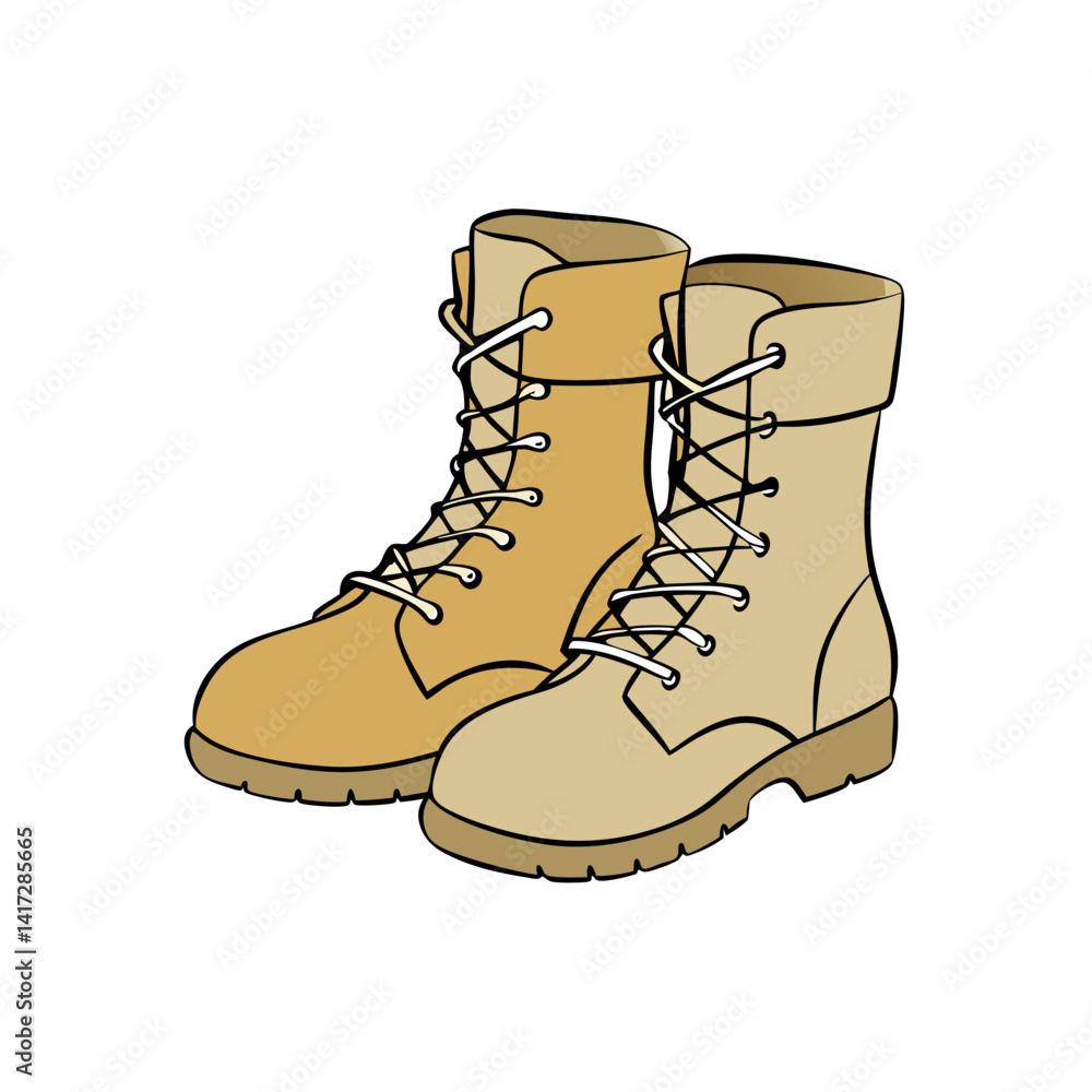 Pair of desert tan military boots laces tied