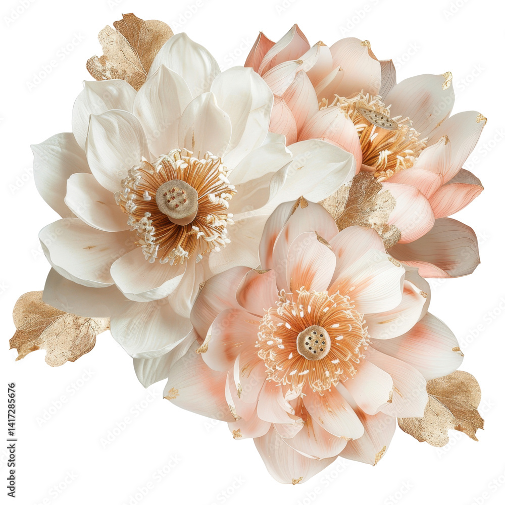 Elegant floral arrangement featuring three beautiful flowers with soft petals in shades of white and pink, complemented by golden leaves, creating serene and sophisticated atmosphere