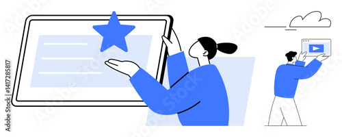 Woman presenting star on tablet, man lifting video player screen Ideal for technology, teamwork, creativity, presentation, education, content creation, simple landing page