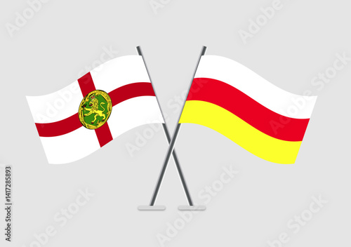 Alderney and North Ossetia vector flags arranged in centered symmetry