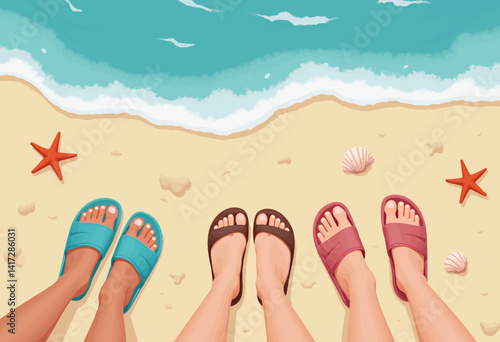 Beach Day: Three Friends in Sandals by the Sea