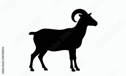 Black Silhouette of Horned Ram on White Background