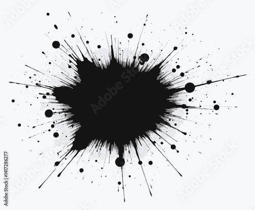 Black ink splatter with radiating streaks on white
