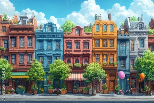 Charming city street scene with colorful buildings and vibrant greenery