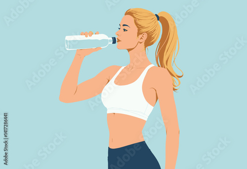 Blond Woman Hydrating with Water Bottle in Sportswear