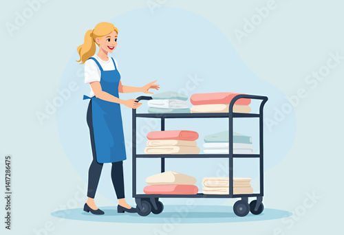 Blonde housekeeper with towel cart in hotel vector