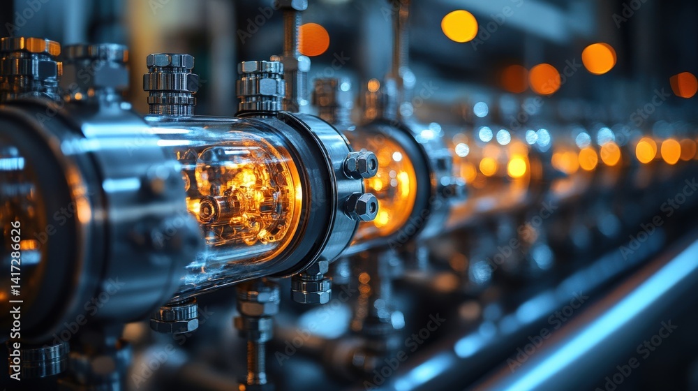 Fototapeta premium Close-up of illuminated glass tubes in a high-tech industrial setting with machinery in the background