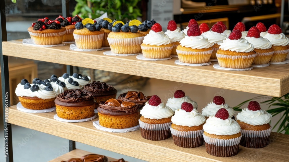 Bakery shelf filled with freshly iced cakes and cupcakes Bakery shelf filled with freshly iced cakes and cupcakes