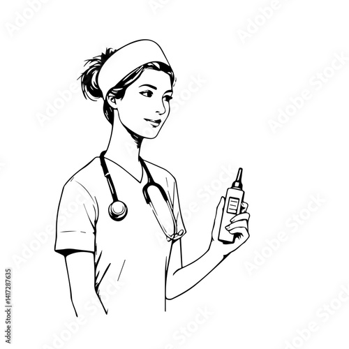 Nurse holding medical bottle with stethoscope in a clinical setting  