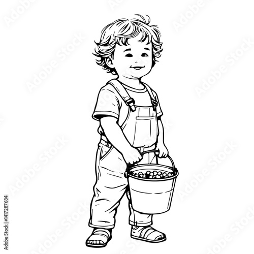 Joyful child holding a bucket of berries in a playful setting  