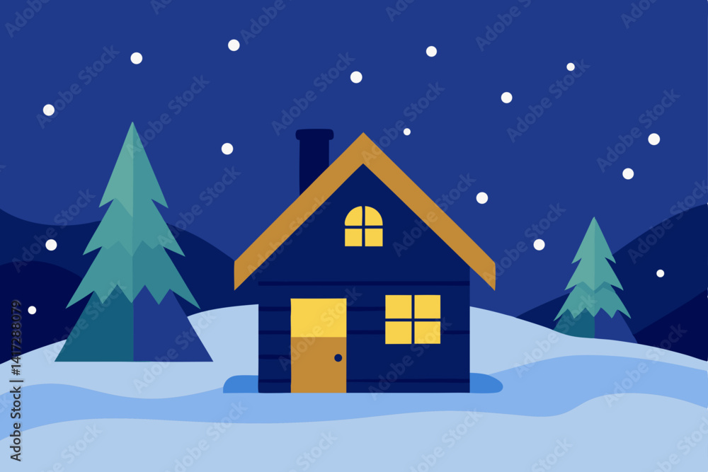 Fototapeta premium cozy-cottage-covered-in-snow---anime-background