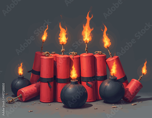 Cartoon Dynamite Sticks and Bombs with Flames