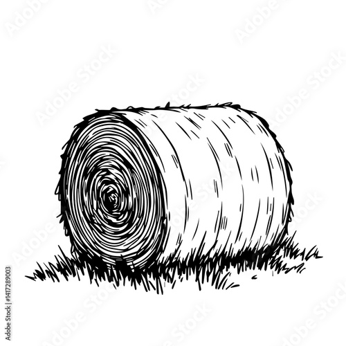Hay bale illustration in black and white on grassy field  