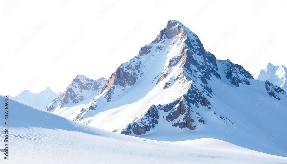Obraz premium Snow covered mountain peak, brilliant white snow against a stark white sky, winter, peaceful