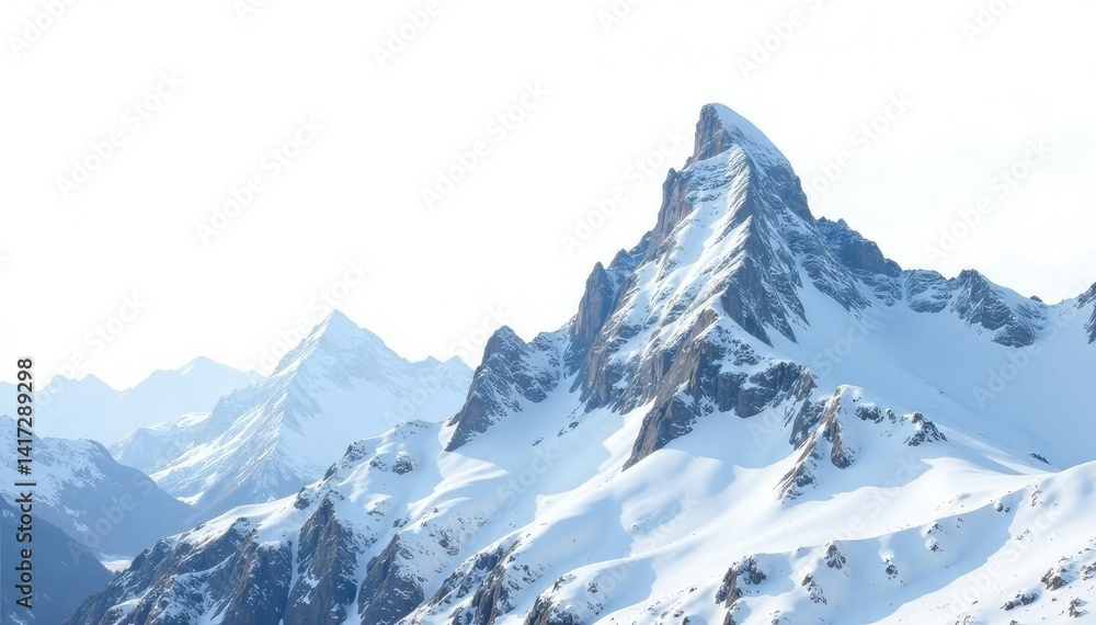 Obraz premium Snow-covered mountain peak against a stark white sky, view, pure