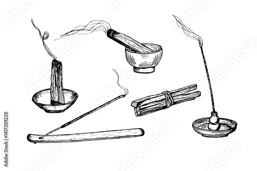 Palo santo stick, incense stick drawing illustration set. Fragrant aroma wooden incense burning stick sketch engraving style vector. Hand drawn line art clipart