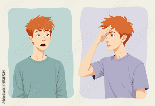 Cartoon man shocked, then realizing something important