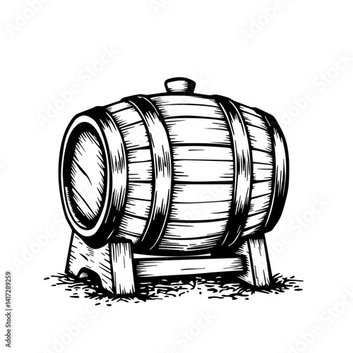 Wooden barrel illustration in vintage style on white background  